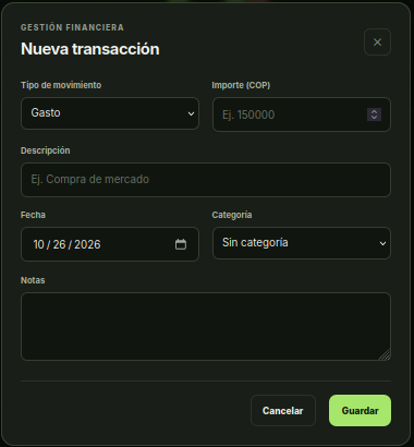 Formulario para registrar una transacción financiera
