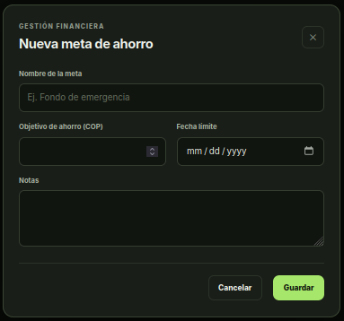 Formulario para crear una meta de ahorro