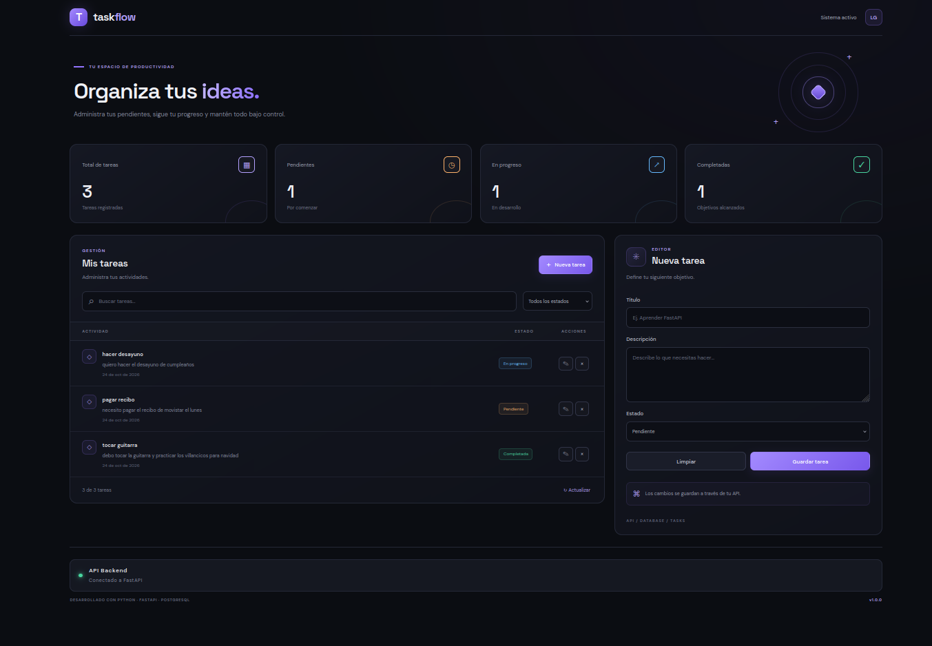 Vista principal de TaskFlow, aplicación de gestión de tareas
