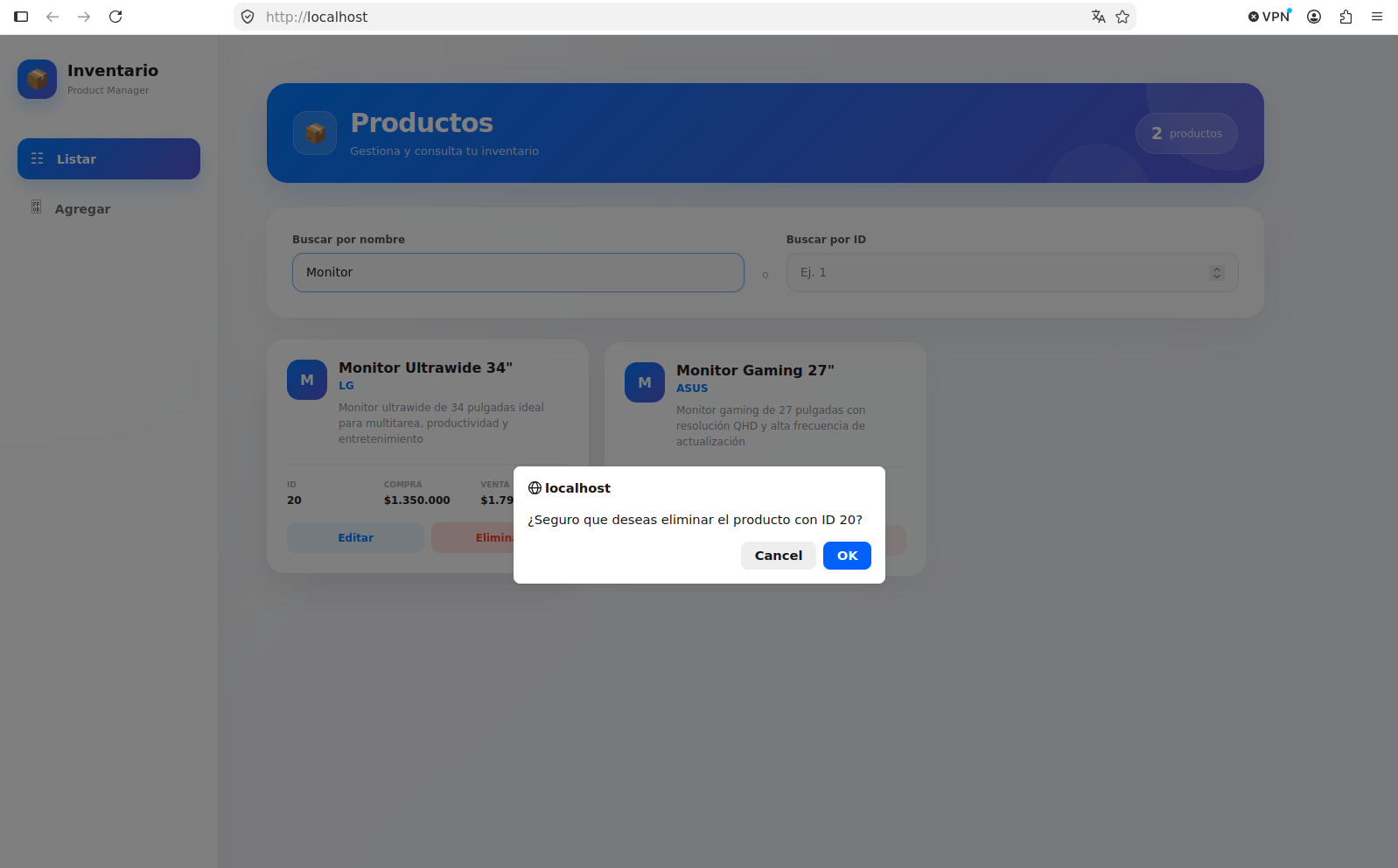 Cuarta captura del sistema de inventario